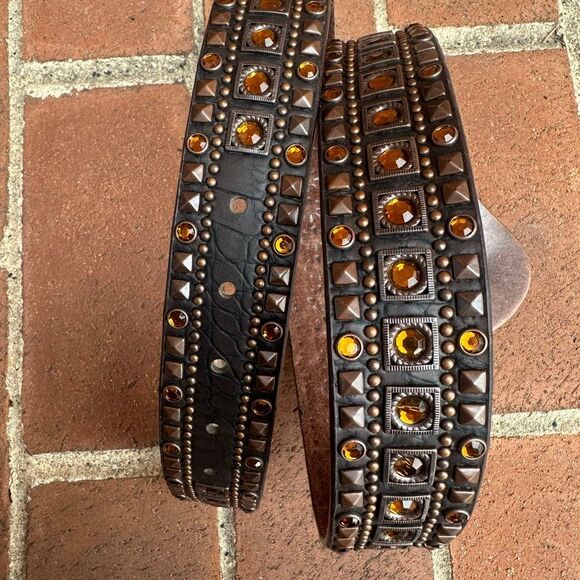 Nomad Studded Rhinestone Western Leather Belt Floral Buckle Brown S/M NEW